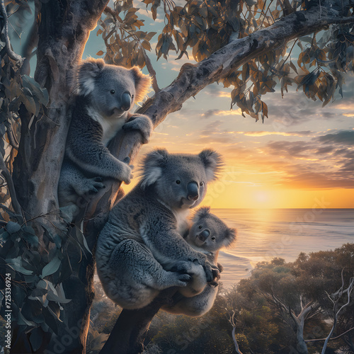 Koala bears in the sea coastal region with setting sun shining. Group of wild animals in nature.