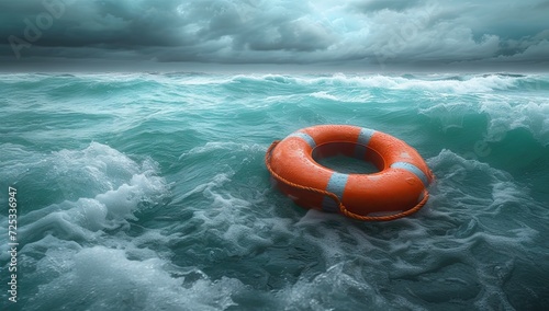 Saving buoy floating in blue sea symbolizing rescue and protection. It emphasizes concept of safety help and survival in dangerous water situations. Life ring is surrounded by waves