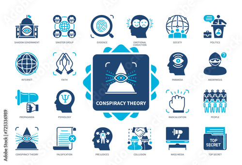 Conspiracy Theory icon set. Shadow Government, Evidence, Propaganda, Prejudices, Paranoia, Falsification, Relatives, Society, Politics. Duotone color solid icons photo
