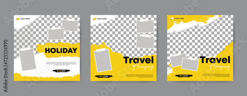 Set of travel agency social media post template. Square banner design background.