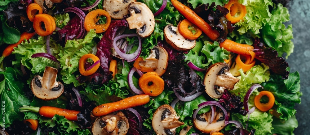 Bird's-eye view of a delicious salad comprised of mushrooms, green and purple lettuce, carrots, beet leaves, and red onion rings.