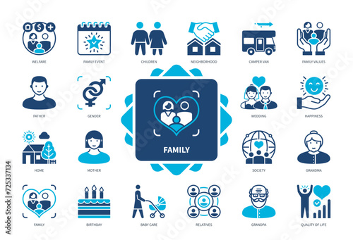 Family icon set. Welfare, Wedding, Society, Children, Home, Birthday, Relatives, Baby Care. Duotone color solid icons