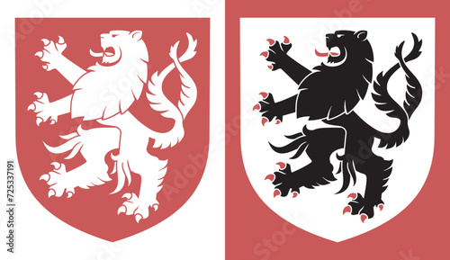 Standing heraldic lion on a shield background. Rampant lion design on light and red backgrounds. Vector Illustration