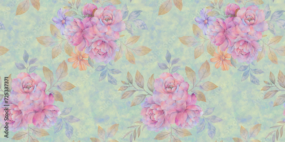 custom made wallpaper toronto digitalSeamless floral watercolor pattern with garden pink peony flowers. Botanical tiles, background.