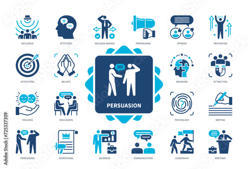 Persuasion icon set. Influence, Decision Making, Propaganda, Beliefs, Opinion, Attraction, Advertising, Rhetoric, Attitudes. Duotone color solid icons