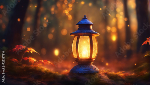 A lantern glowing with light kept in a forest.