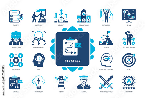 Strategy icon set. Targets, Leadership, Plan, Strategic Thinking, General, Achievement, Opportunities, Idea. Duotone color solid icons