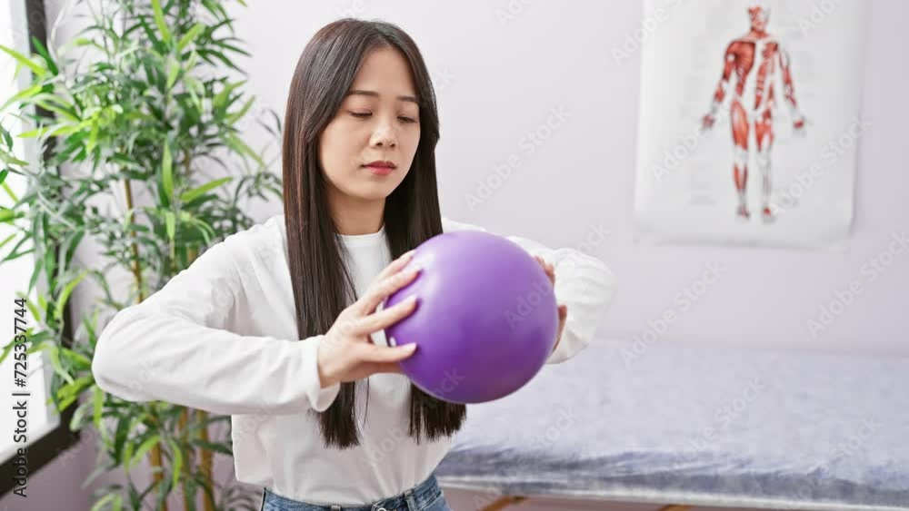 Chinese woman in a clinic holding a purple ball for rehabilitation exercise, portraying healthcare and physiotherapy.