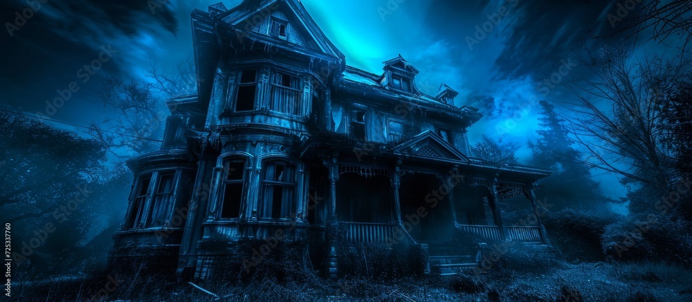 Horror-filled haunted house with blue and dark horizontal tones.