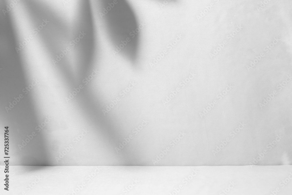 Abstract white studio background for product presentation. with shadows of leaves on the wall with a blurred background Abstract white studio background for product presentation. with shadows of leaves on the wall with a blurred background