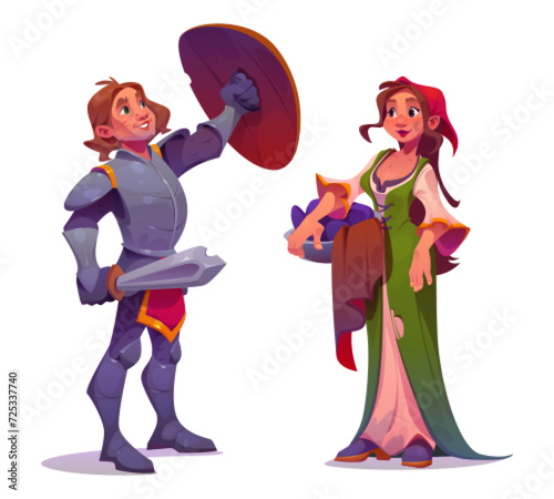 People character of medieval age - young peasant woman with clothes in pelvis and brave knight man in metal armor with shield and sword in hands. Cartoon vector illustration set of ancient person.