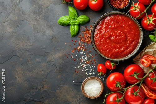 Homemade Tomato Sauce Passata - Traditional Recipe of Italian Cuisine - Top View with Copy Space