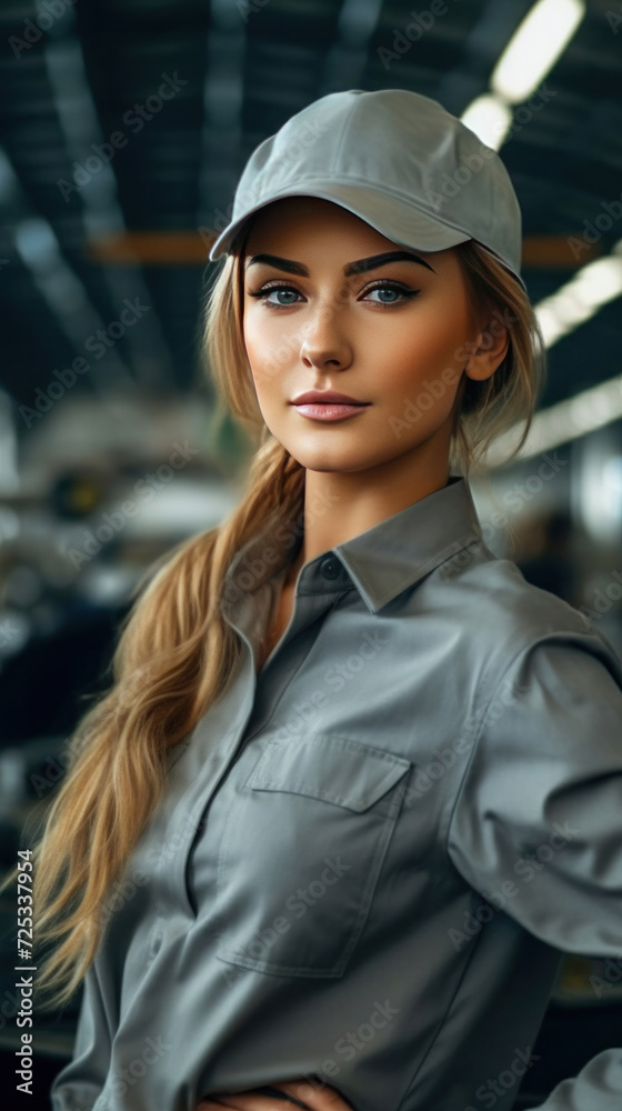 A portrait of young beautiful engineer woman working in factory building.