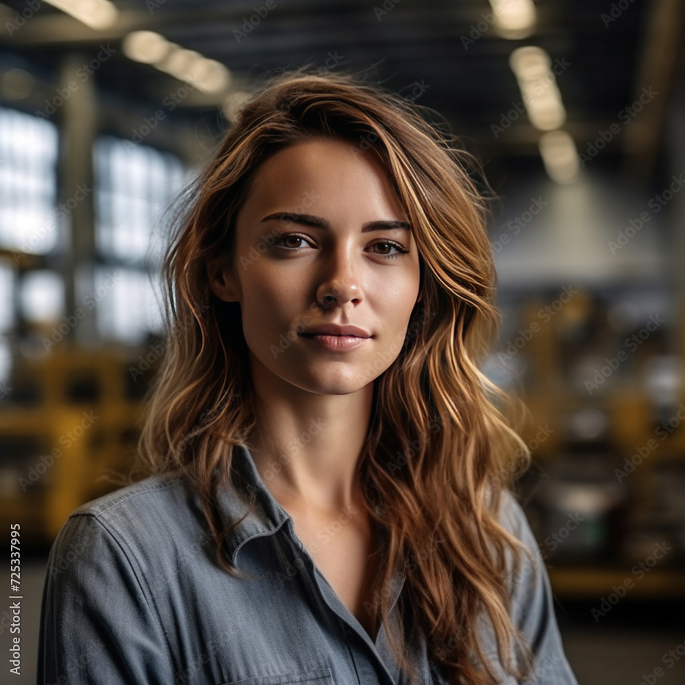 Fototapeta premium A portrait of young beautiful engineer woman working in factory building.