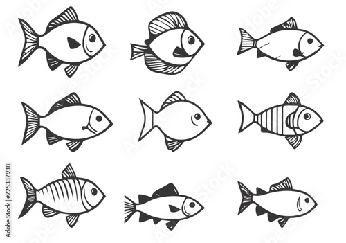 Cute fish icons set in outline style. Line art vector
