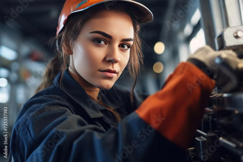 A portrait of young beautiful engineer woman working in factory building.