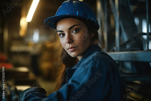A portrait of young beautiful engineer woman working in factory building. © tong2530