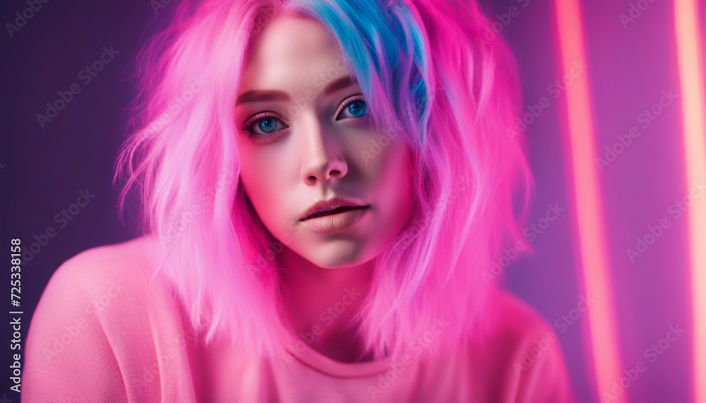 Portrait girl with pink hair on blue gradient neon light in the studio Portrait girl with pink hair on blue gradient neon light in the studio