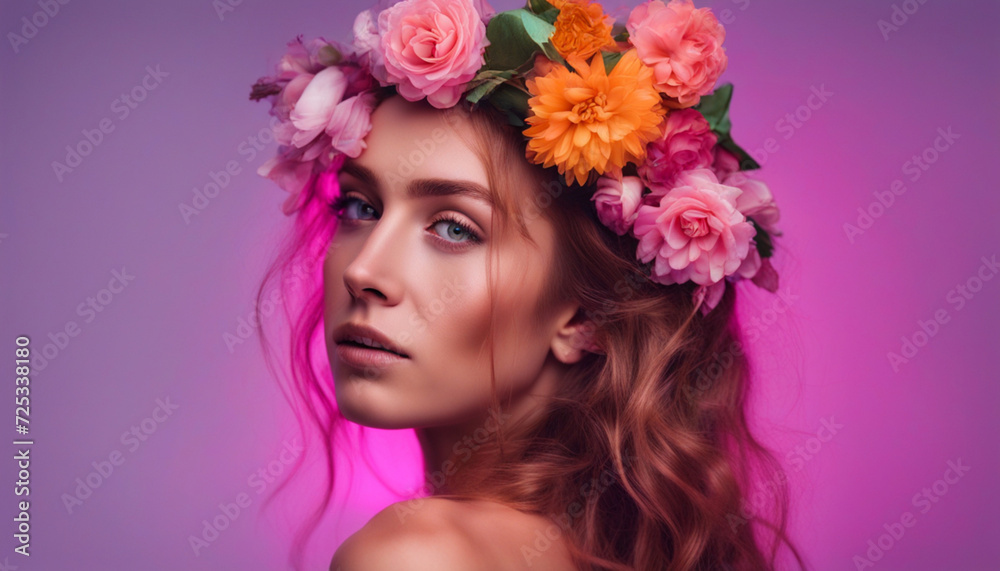 Portrait of female with flowers in her hair on gradient yellow neon light in the studio