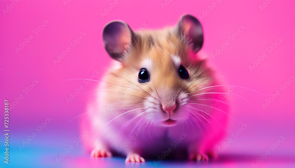 Cute hamster in pink blue neon light in the studio