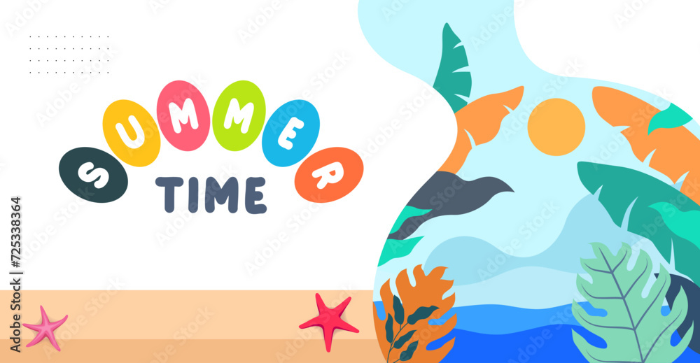 Welcome summer. banner and poster template design Illustration welcoming summer with a view of flowing beach water and starfish. Hello Summer. File EPS 10. This is not generative AI