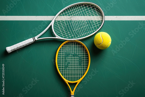 Tennis. Spring sport composition with yellow tennis ball and racket on a green background of tennis court with copy space. Sport and healthy lifestyle. The concept of outdoor game sports. Flat lay © arhendrix