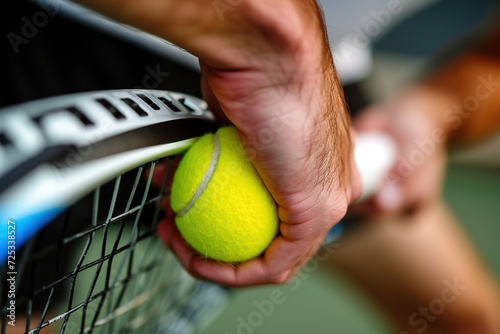 Close-up of male hand holding tennis ball and racket. Professional tennis player starting set. photo