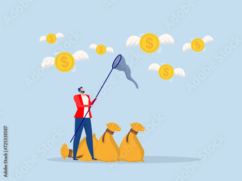 businessman investor run chasing try to catch high performance attractive dollar coin  hunting for profit and wanting to increase capital