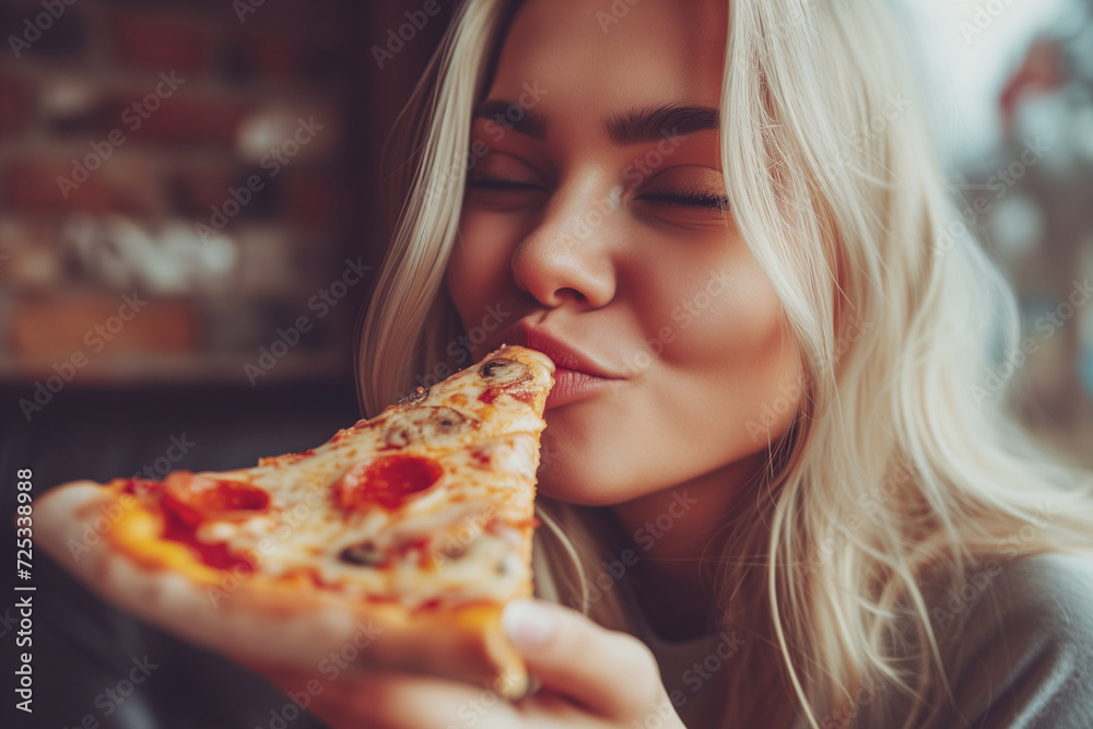 Photo of attractive blonde woman with love to food italian pizza