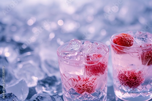 Two glasses with raspberry drinks on crushed ice with a soft blue tint and sparkling bokeh background.