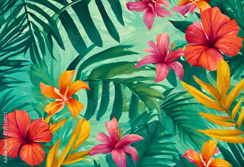 A tropical paradise background featuring palm leaves