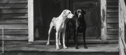 Two dogs, one black and one white, stood on the porch, gazing in the same direction. photo