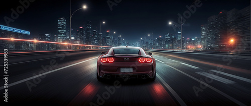 Back view of a high-performance sports car racing through the streets at night in a gameplay scene