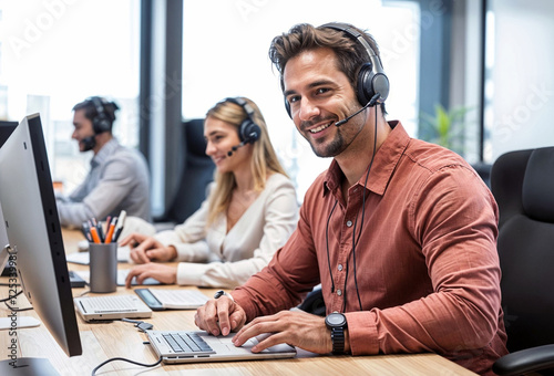 Call center professional with a cheerful smile, assisting customers, wearing a hands-free headset in a supportive work call center office