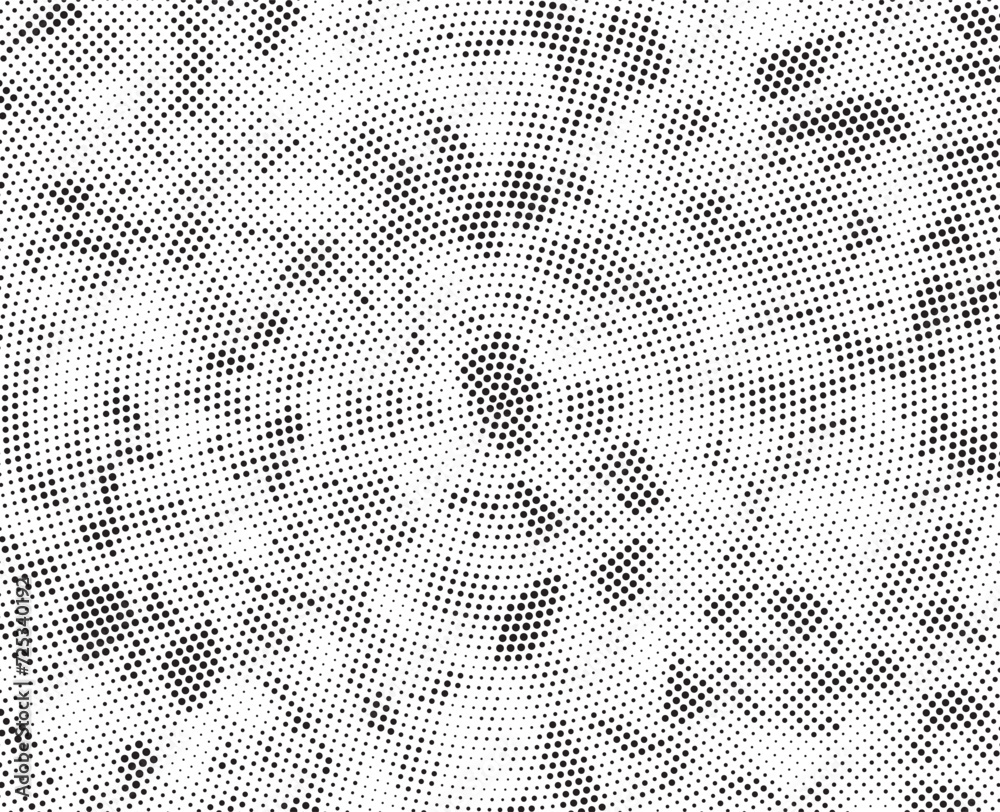 Radial halftone gradient background. Dotted concentric texture with fading dot effect. Black and white circle shade wallpaper. Grunge rough vector backdrop.