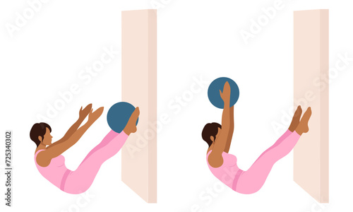 Woman near the wall doing exercise with a ball. Pilates.