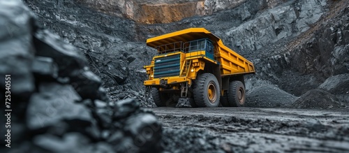 Coal anthracite is mined in the open pit industry using a large yellow truck.