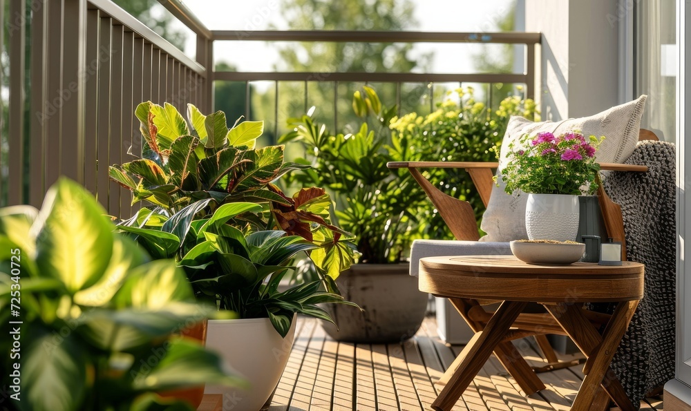 Beautiful balcony or terrace with wooden floor, chair and green potted flowers plants. Cozy relaxing area at home. Sunny stylish balcony terrace in the, Generative AI 
