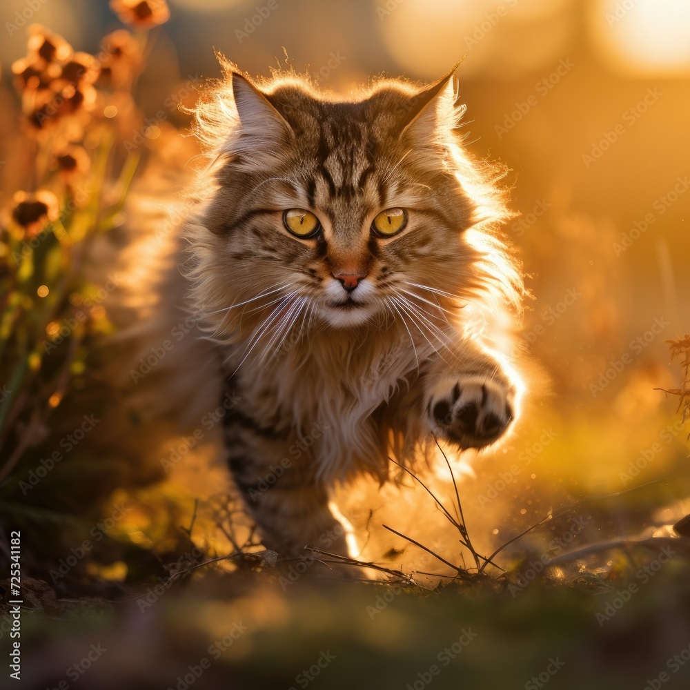 A cat walks in nature on a summer evening. The brazen muzzle of a cat walking on a background of flowers and grass in the rays of the evening sun.