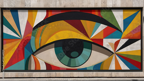 Abstract mural of an eye with colorful geometric shapes