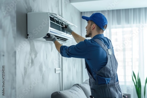 Technician in uniform and cap fixing air conditioning unit inside a contemporary living space. Generated AI