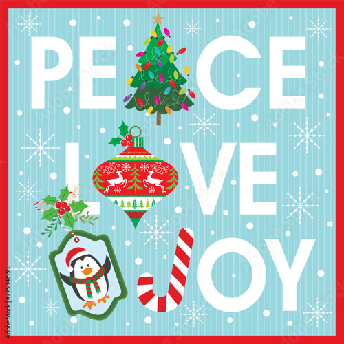 christmas card with peace, love, joy, penguin and tree