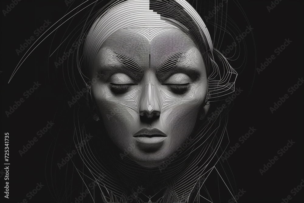 Fine-art portrait concept. Abstract and surreal dreamlike beautiful woman minimalist portrait. Sketch, three dimensional, tiny detailed drawing style. Black and white image Fine-art portrait concept. Abstract and surreal dreamlike beautiful woman minimalist portrait. Sketch, three dimensional, tiny detailed drawing style. Black and white image