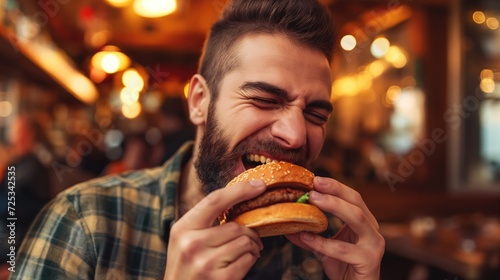 Joyful man eating burger in cafe