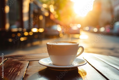 Morning coffe. White cup of coffee on table in outdoors cafe with blurred city street background, Generative AI 
