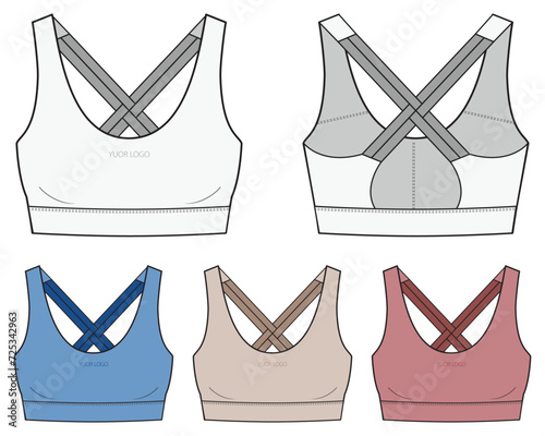 Illustration of active bra, Fashion Flat Sketch Vector, CAD, Technical Drawing, Flat Drawing, Template, Mockup.Sports tight vest.