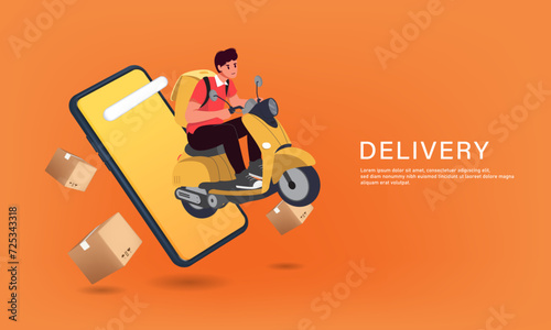 Food delivery man in yellow uniform sits on scooter or motorcycle with a box