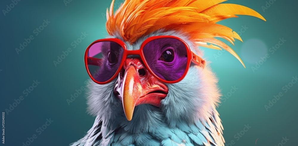 A humorous image of a rooster wearing sunglasses, posing with a direct stare into the camera.
