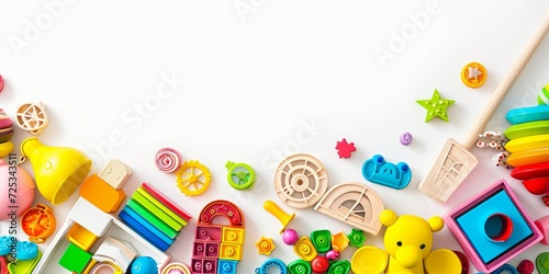 Baby kids toy banner background. Colorful educational toys on white background. Top view, flat lay, copy space for text, Generative AI 
