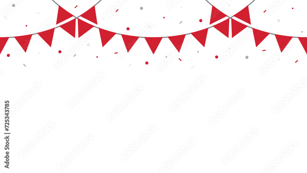Obraz premium Seamless red triangle party bunting with confetti border. birthday party decoration. Flat vector illustration.